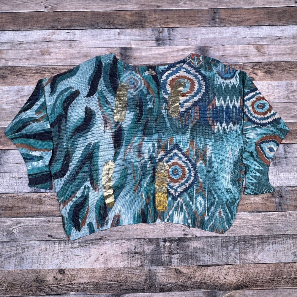 Teal Patterned Scoop Neck Women's Sweater with Gold Accents